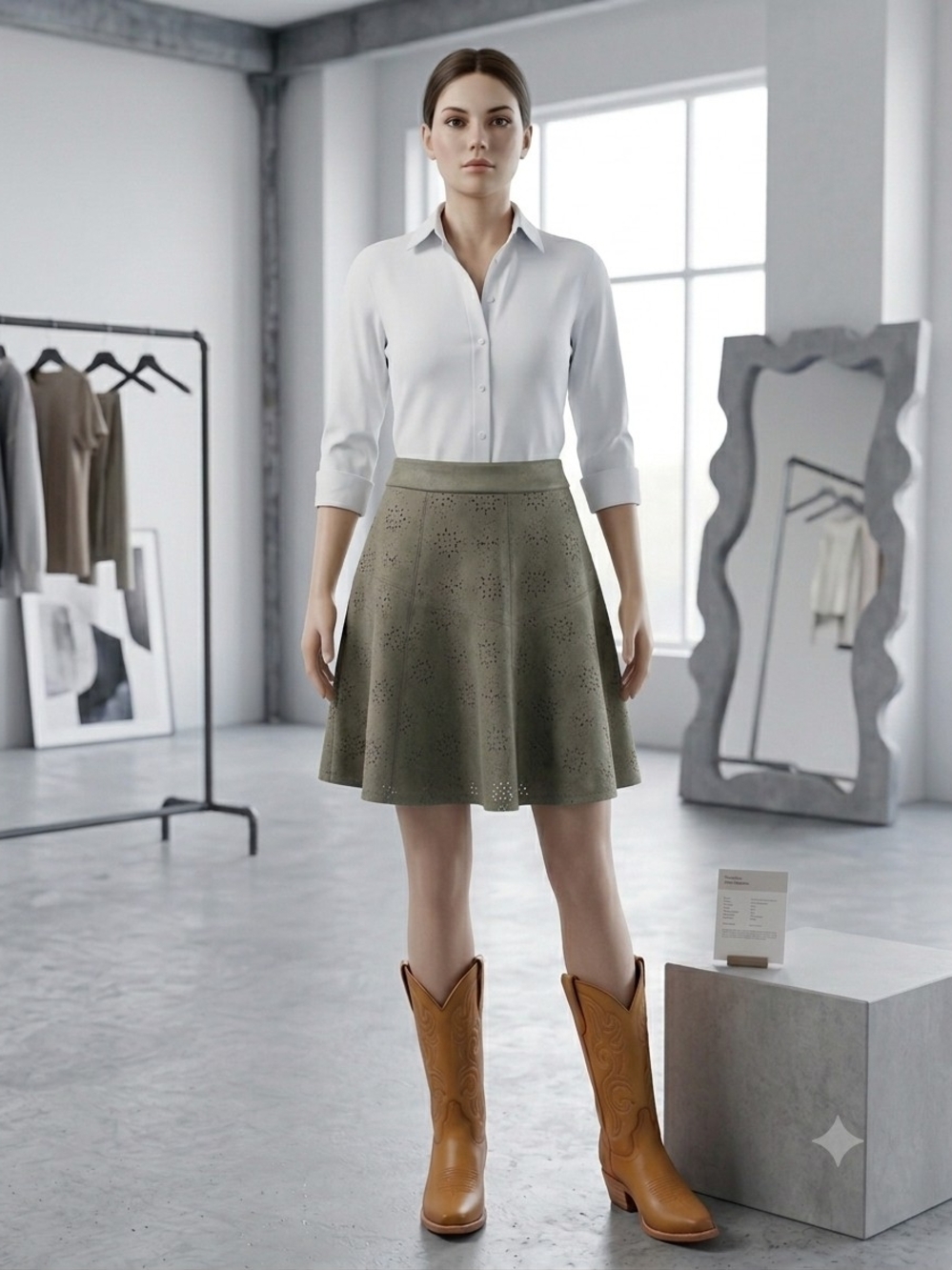 Women's Olive Eyelet A-Line Skirt Faux Suede